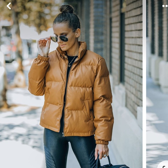 Brown Faux Leather Puffer Jacket - Picture 2 of 4